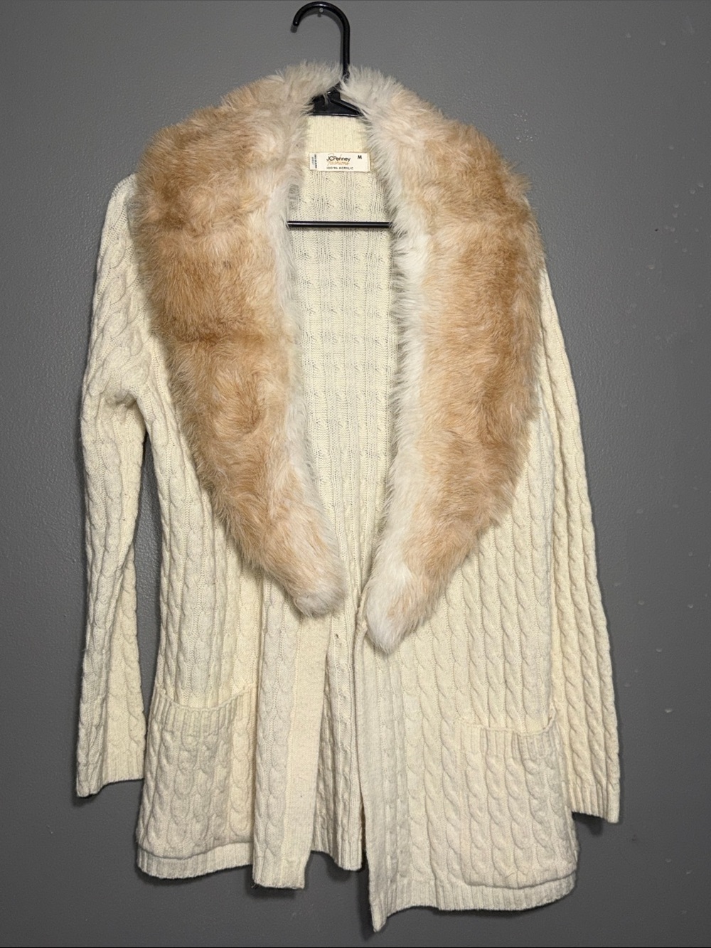 Vintage JCPenney Fashions Faux Fur Collar Cable Knit Cardigan M 70s Coquette